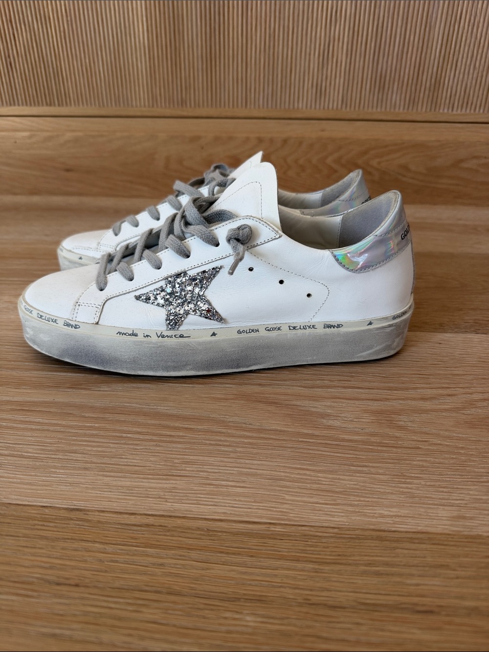 Golden Goose Hi Star White Sneakers with Silver Glitter Star and Iridescent Heel